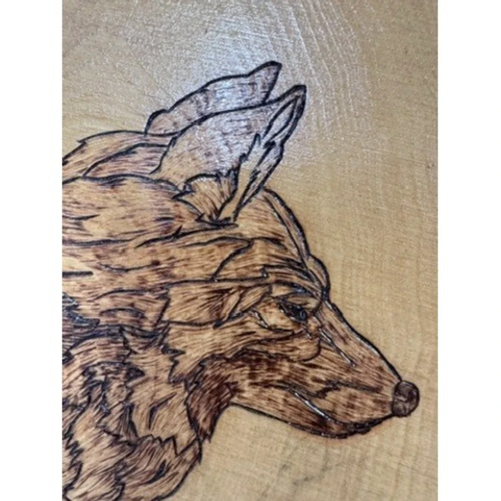 Vintage Wood Burned Wolf Art, D. Cherry Signed, Live Edge Wood Slice